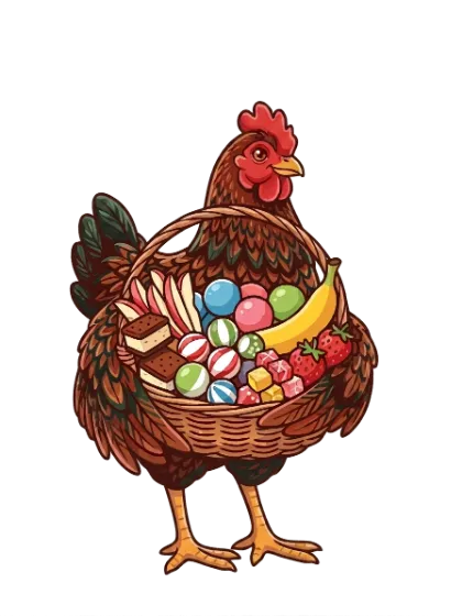 The 6 Chicken Ranch Candy Co. — a hen carrying a basket of freeze dried treats