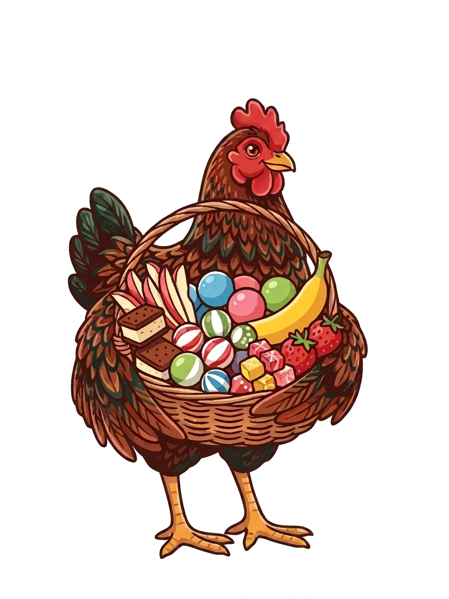 The 6 Chicken Ranch — a hen carrying a basket of freeze dried treats